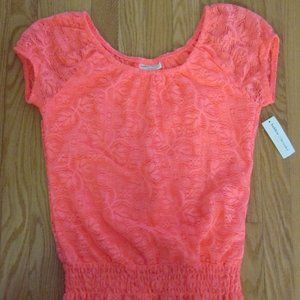 BOBBIE BROOKS WOMEN'S SIZE S PEASANT TOP NEON ORANGE LACE SHIRT SS BLOUSE NWT